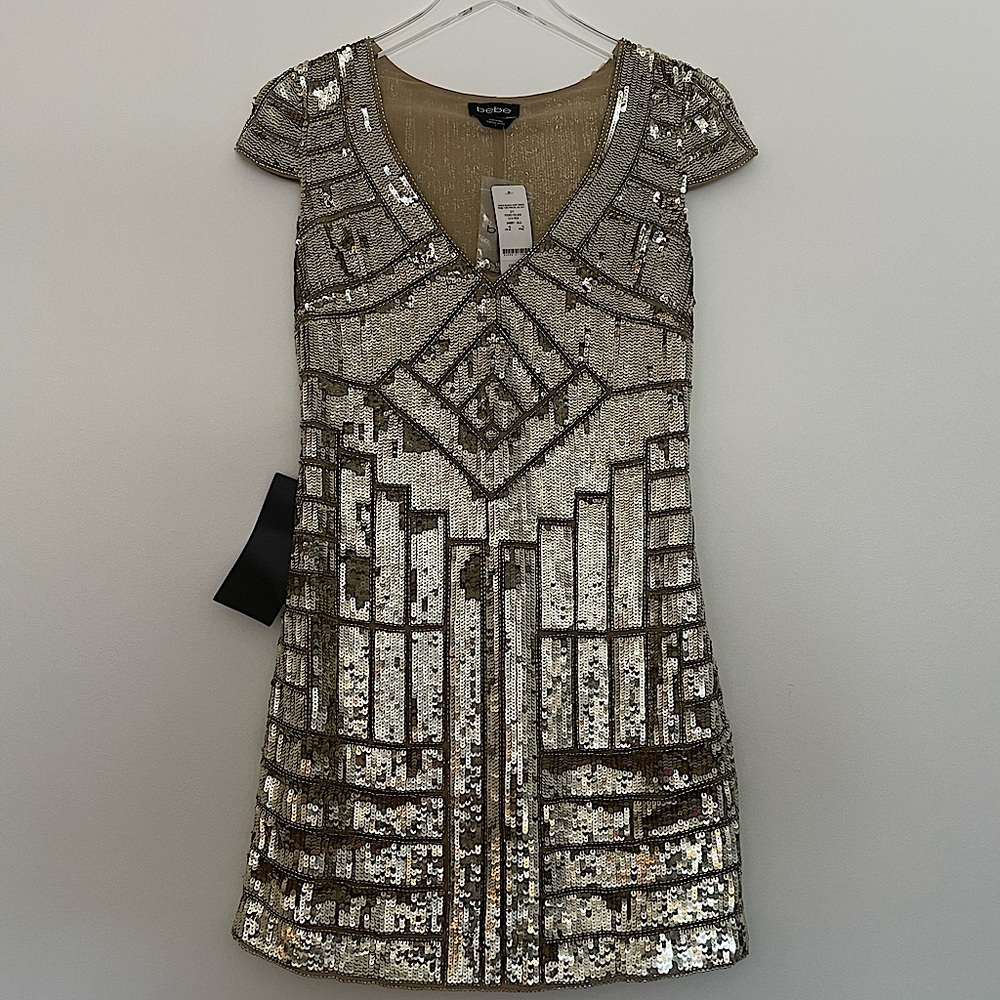 Gold Sequin Mini Shift Dress Bebe